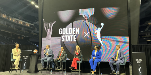 WNBA commissioner Cathy Engelbert, Golden State Warriors owner Joe Lacob and others answer the questions from Malika Andrews during the introduction of the Golden State WNBA team, set to play in 2025. (Photo via Alex Simon/SFGate)